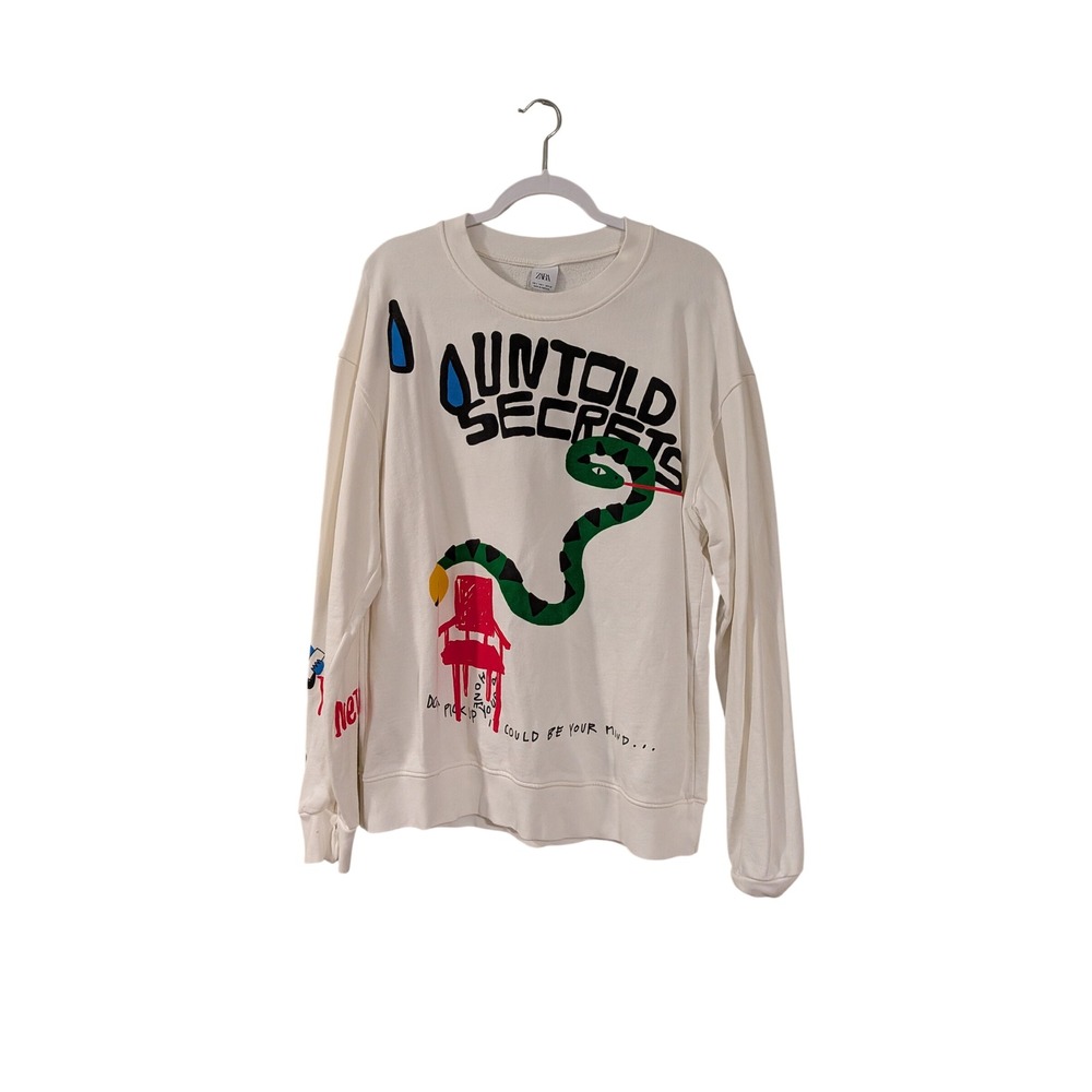 Zara Graphic Sweatshirt Mens Large Cream Untold Secrets Monday Against Me Snake